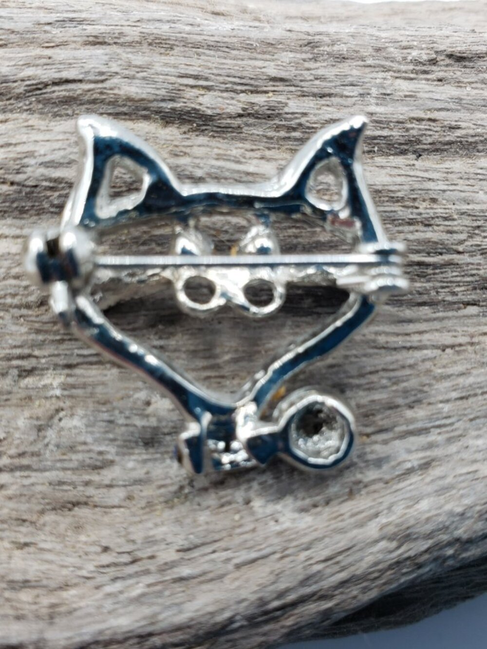 Adorable Blue Rhinestone Cat Brooch Pin Outlined Head Kitten Kitty Silver Metal - Picture 6 of 7
